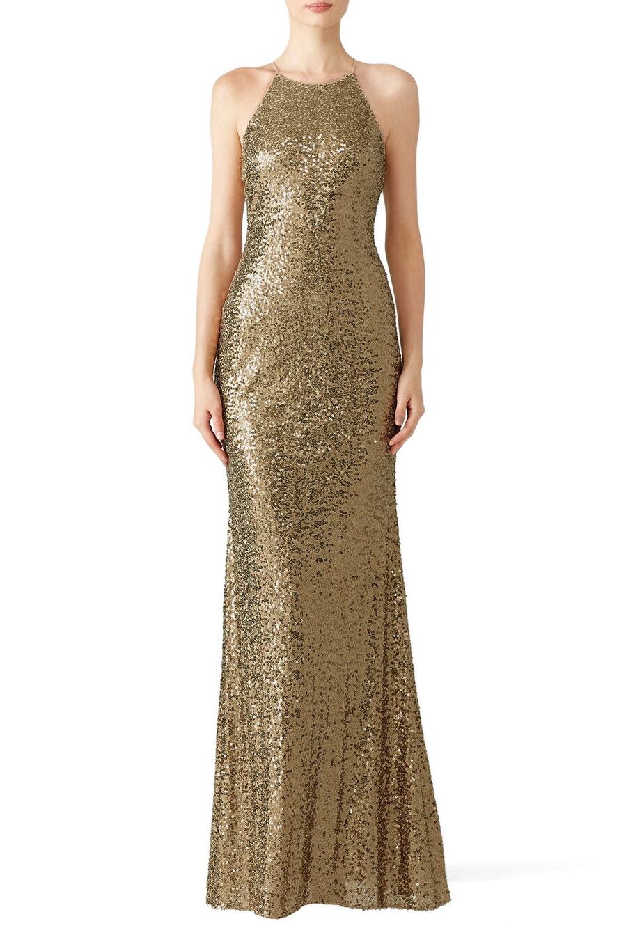 Badgley Mischka Collection Gold Sequin Halter Maxi Gown Size 8 Formal $660